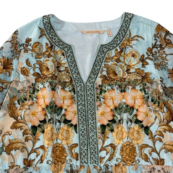 Soft Surroundings Size 1X Baroque Maxi Dress Aqua Gold Floral Boho Hippie Flowy - Picture 7 of 11